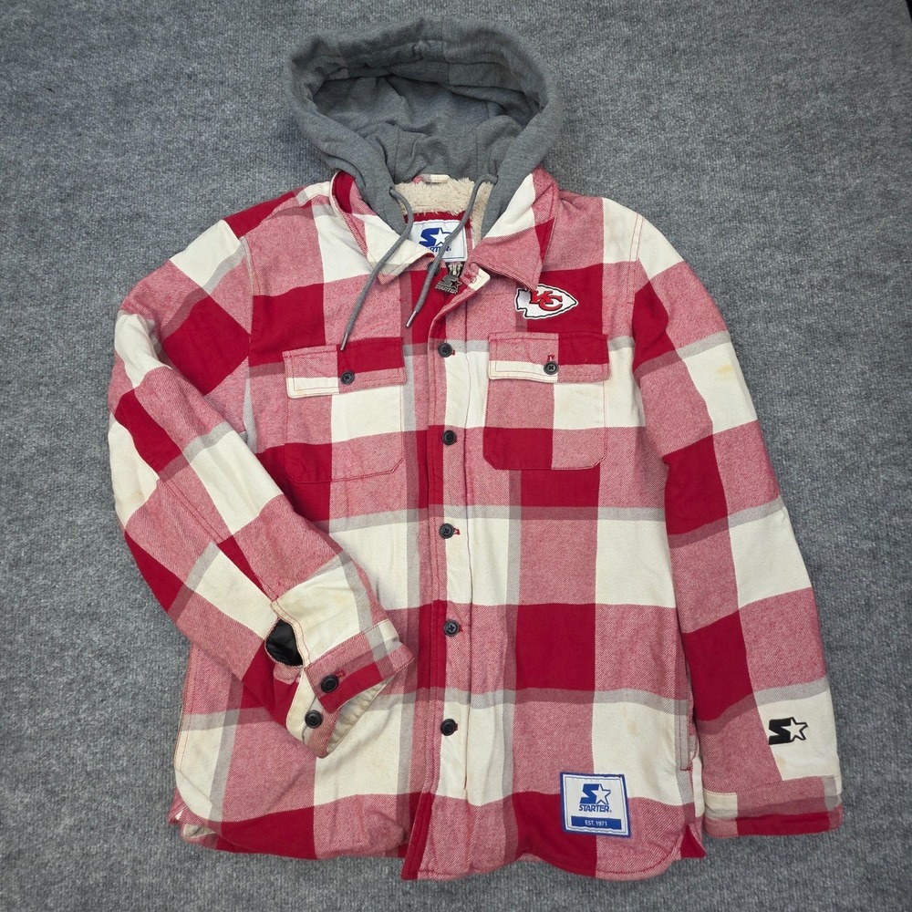 Starter San Francisco 49ers Plaid Flannel Jacket Men's M Red White Sherpa Hooded